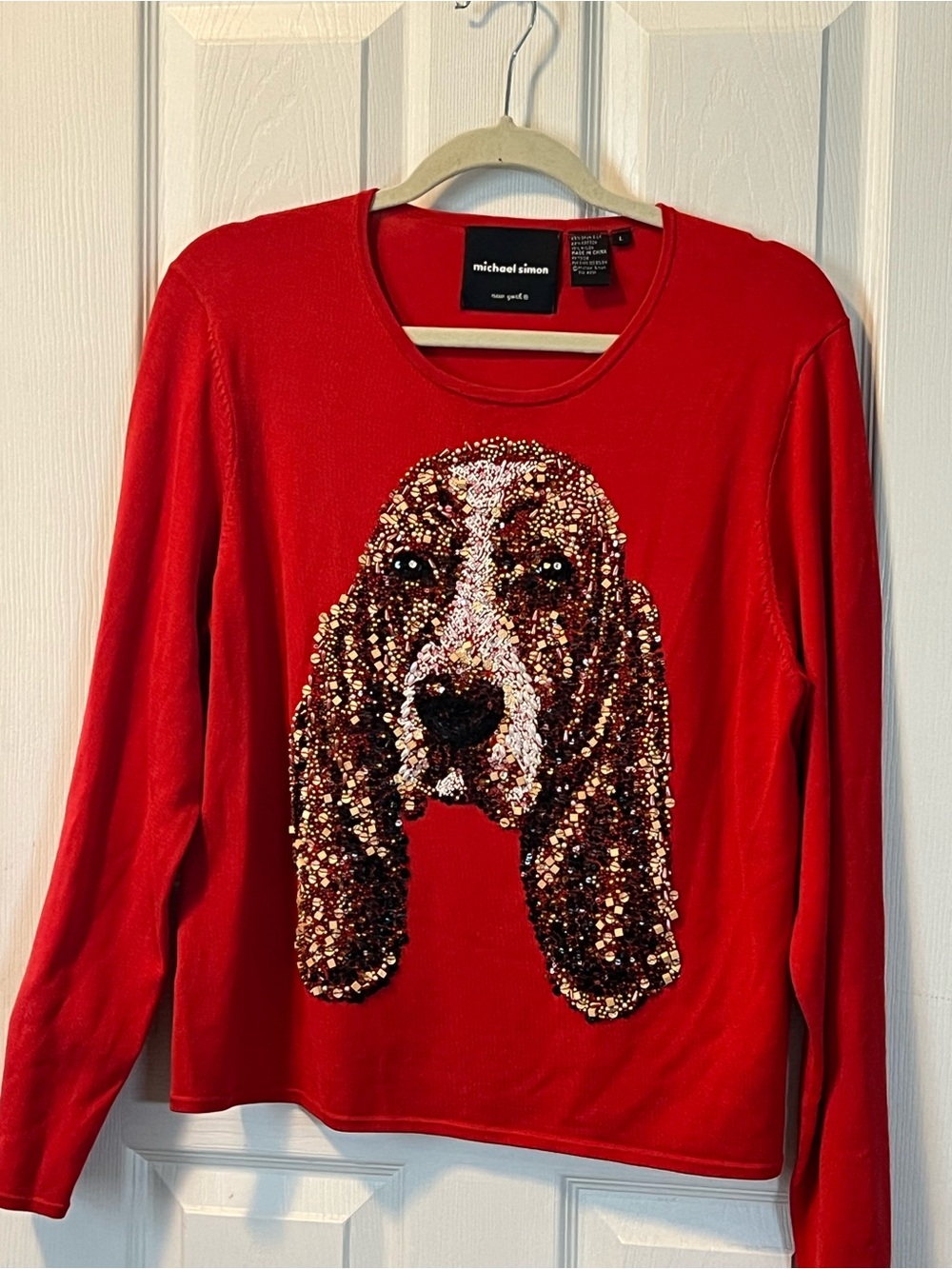 Michael Simon Red Sequin Dog Face Sweater